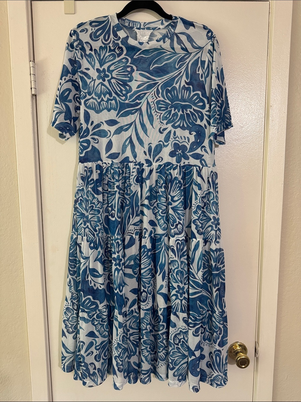 Johnny Was Blue Floral Tiered Midi Dress Mesh XL
